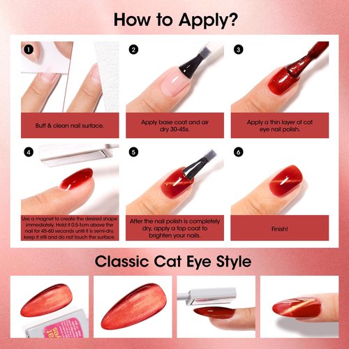 GELLEN Quick Dry Cat Eye Nail Polish Kit, Valentine's Gift for Yourself, Red Magnetic Fingernail Polish Series, Fast Drying Glitter Nail Lacquer Non Gel with Magnet Tool, DIY Salon Home