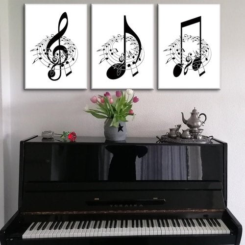 Skiennix Framed Music Notes Wall Art - Stylish Black & White Canvas Prints | 12x16in (Set of 3)