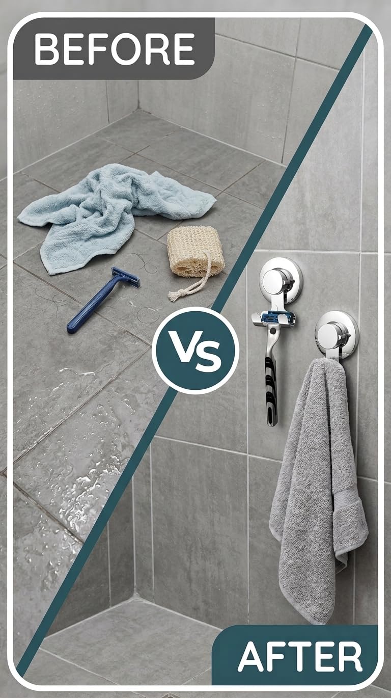 Suction Cup Hooks Razor Holder Powerful Vacuum Organizer for Towel, Razor, Coat, Bathrobe and Loofah 304 Stainless Steel Removable Hooks for Bathroom & Kitchen, Towel Hanger Storage (Silver)