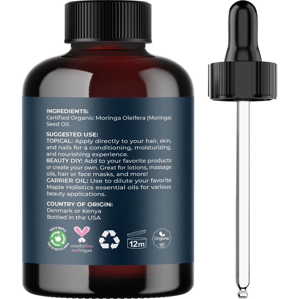 Organic Moringa Oil for Hair and Skin - Cold Pressed Virgin Unrefined Natural Pure USDA Organic Hair Oil for Dry Damaged Hair and Ultra Hydrating Face Oil - Carrier Oil for Essential Oils (2 Pack)