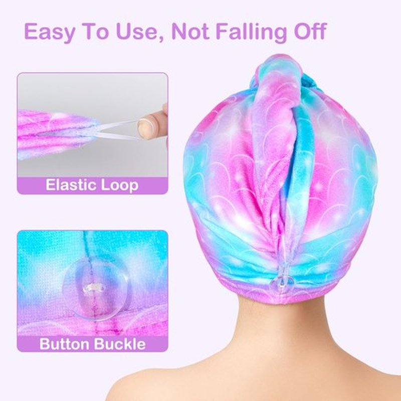 FIOBEE Microfiber Hair Towel Wrap for Kids Rapid Drying Turbans for Wet Hair with Button Women & Girls Long, Curly Hair Pack of 2, Purple/Green Mermaid