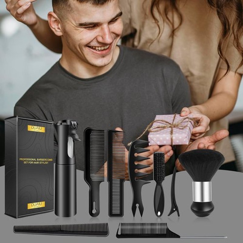 DUAIU 9Pcs Hair Comb Set, Professional Barber Combs for Hair Cutting and Styling - Premium Grade Hair Spray Bottle Neck Duster Barber Brush Set, Taper Texture Clipper Comb Tools for Men Boys