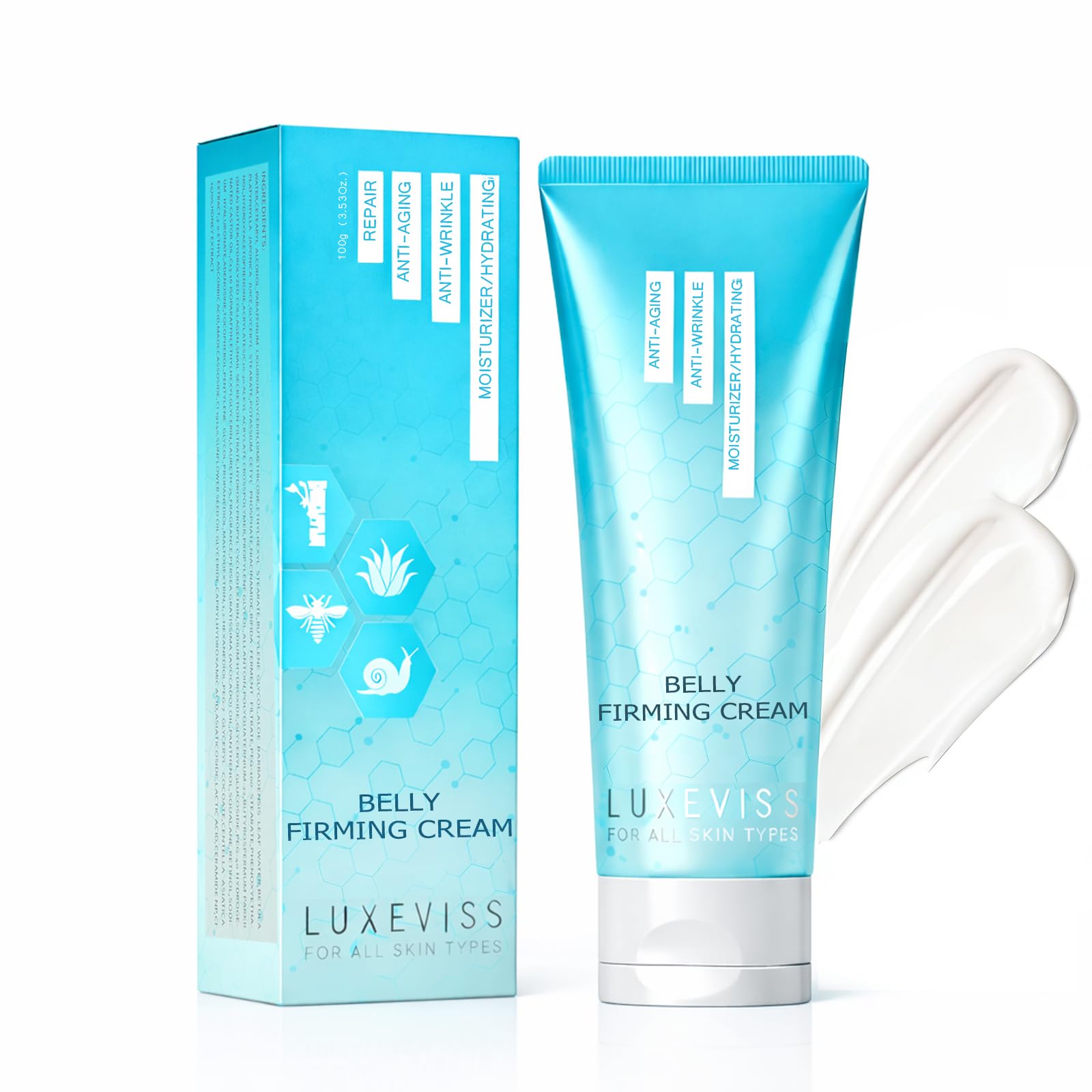 Luxeviss Advanced Belly Firming Cream – B FLAT Skin Tightening Lotion for Stomach, Thighs & Butt, Helps Reduce the Look of Cellulite & Stretch Marks, Hydrating Body Cream for Women & Men, 3.35 Oz