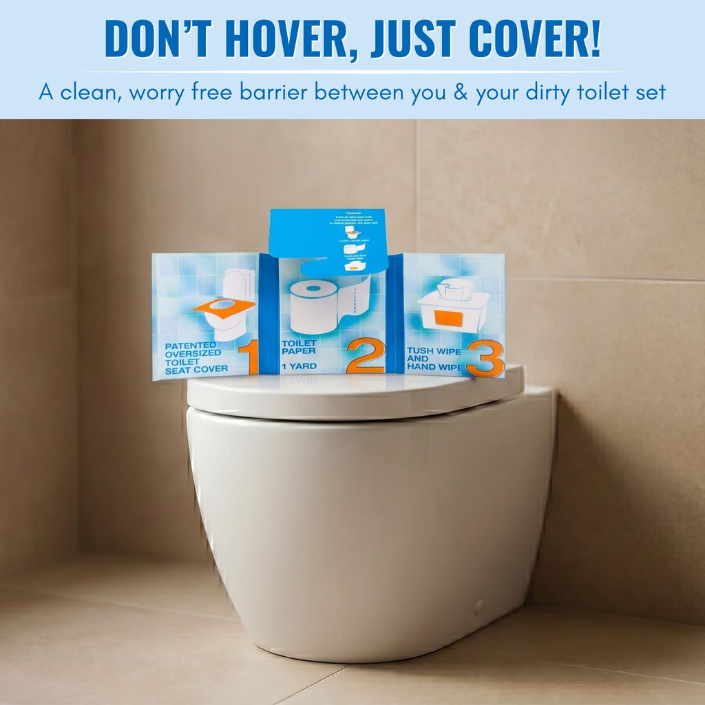 The Restroom Kit Great for travel (12-Pack) Portable Disposable Oversized Toilet Seat Cover, 3ft 3Ply Toilet Paper, Hand & Flushable Tush Wipe.