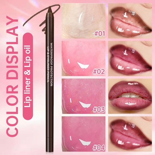 HOSAILY Hydrating Lip Oil & Liner Set - Plumping Gloss with Shiny Glow | Moisturizing Pink Glitter
