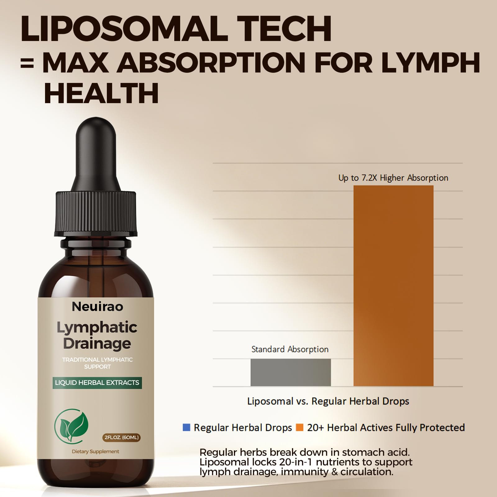 Lymphatic Drainage Drops, 20-in-1 Liposomal Lymphatic Support Drops for Immune & Circulation, Daily Wellness Formula with Dandelion, Echinacea, Cleavers, Burdock Root & Prickly Ash Bark, 2 FL OZ
