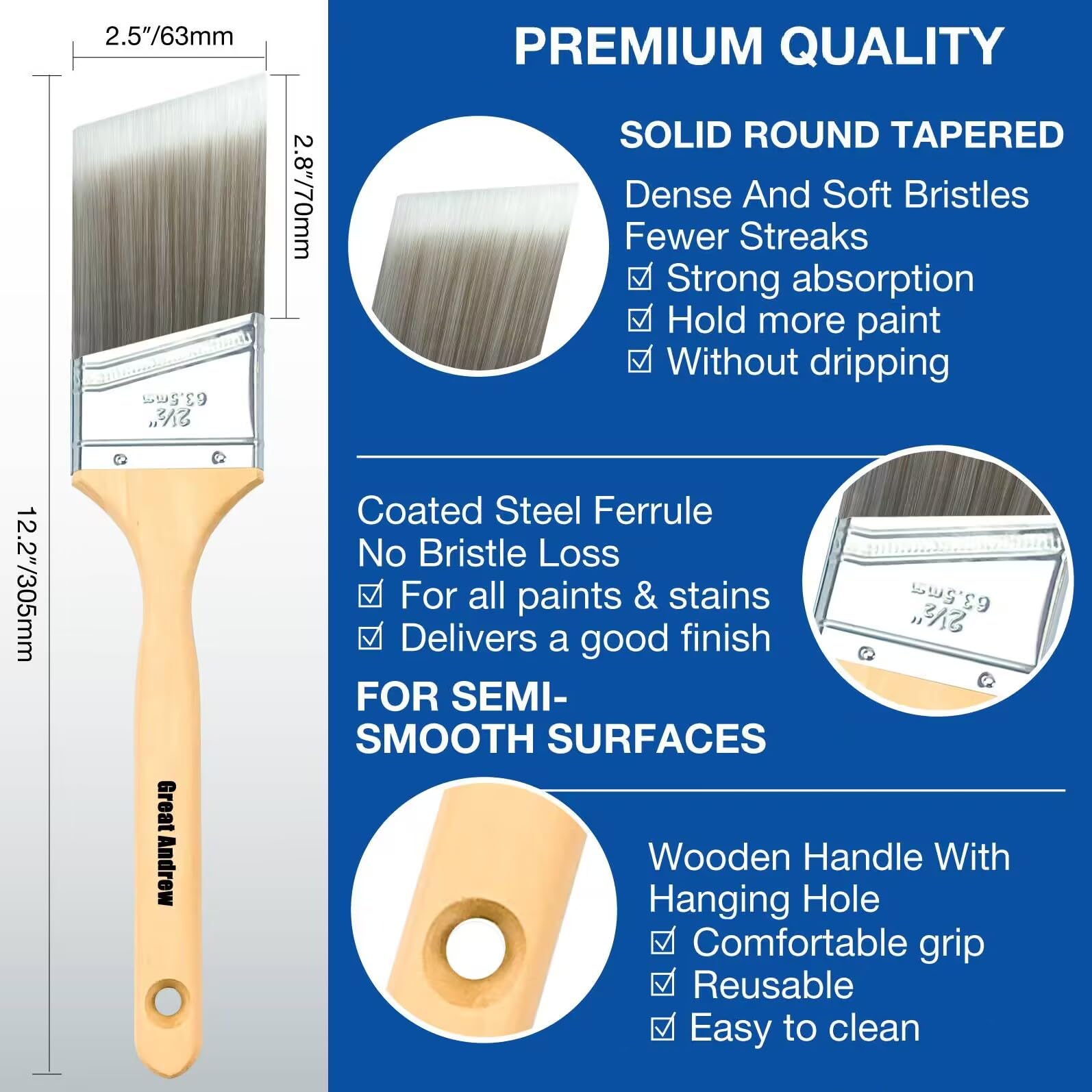 Great Andrew 10 Pack Paint Brushes Bulk (1" 1.5" 2" 2.5" 3") Set, Angle Sash Brushes for Trim, Walls, Wood, Stain Brushes for Painting House & Exterior, Latex, Oil