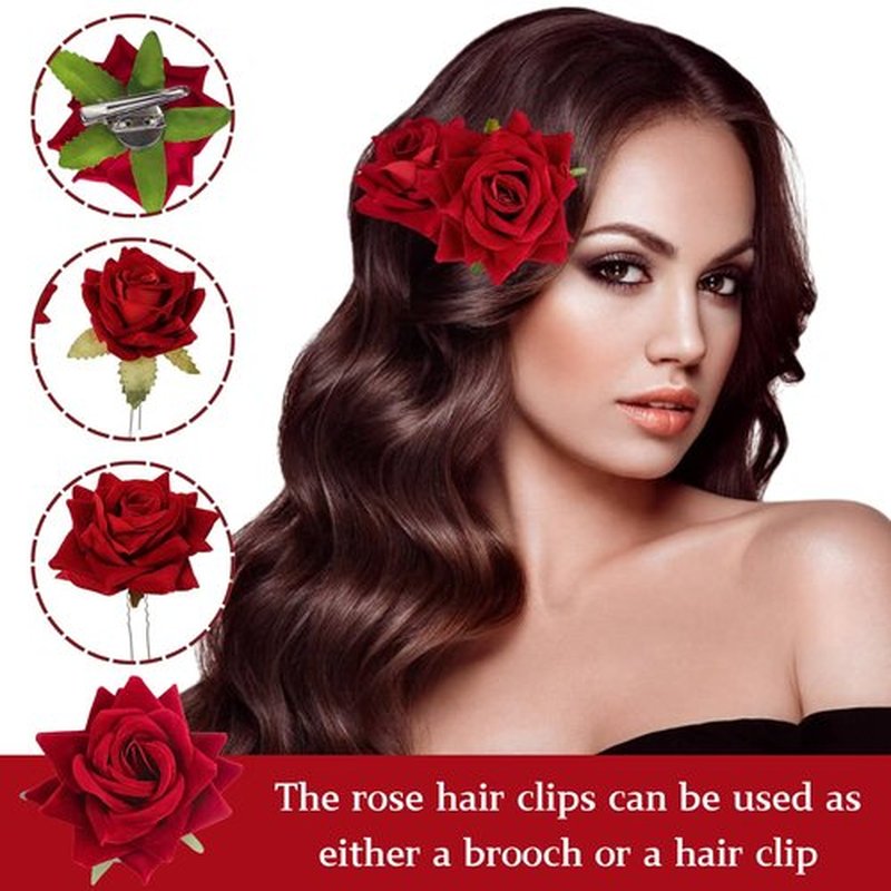 ASTRYAS 4 Pieces Red Rose Flower Hair Clip Bridal Hair Pins Rose Brooch Mexican Flower Hair Accessories for Party Wedding Flamenco Dancer, Christmas Gift for Women