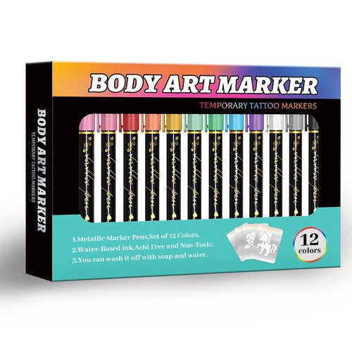 12pcs Tattoo Pen, Temporary Tattoo Maker for Kids, Safety Body Markers for Skin