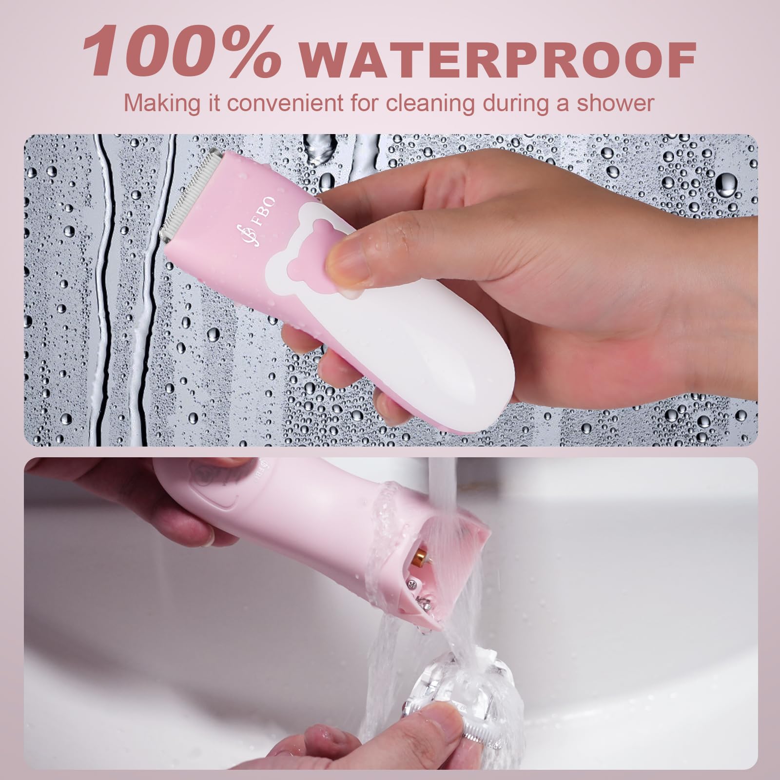 FBO Baby Hair Clipper, Professional Quiet Waterproof Painless Body Hair Trimmer, Multi-Purpose Grooming Kit for Infants, Toddlers & Adults, Home and Salon Use, Pink Bear