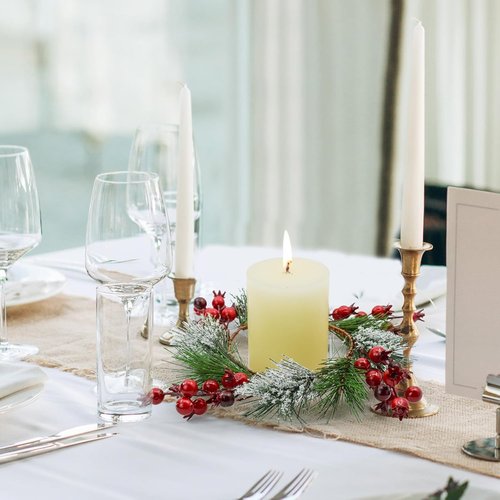 Skiennix Christmas Candle Rings - Snowy Pine Needle & Red Berry Mini Wreaths | 4PCS for Festive Home Decor