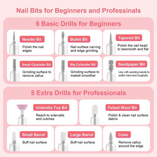 Nail Drill Machine Electric 45000RPM Rechargeable Portable Nail Drill Kit DIY Nail File Electric with Smart LCD Screen for Gel Nail Manicure and Pedicure Reflective Body etc(Pink)