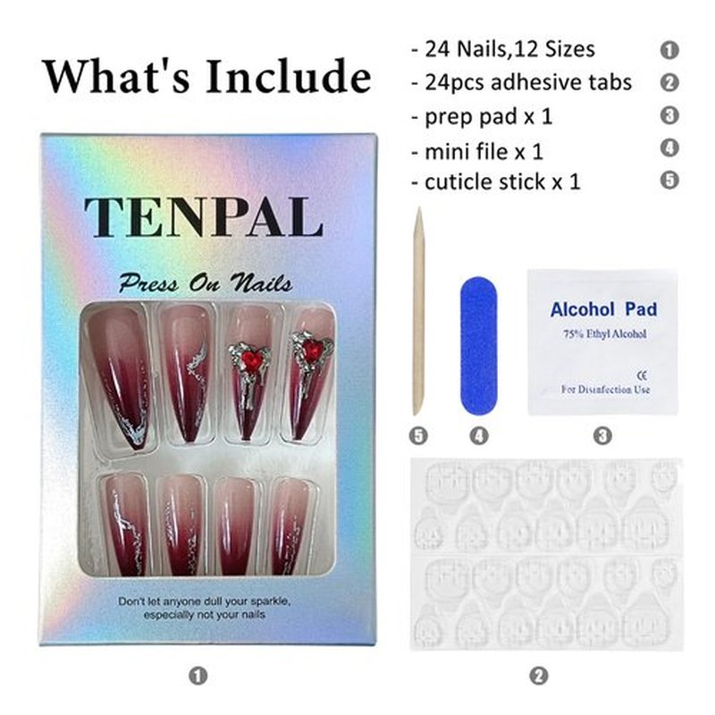 TENPAL Gothic Press on Nails Long Stiletto,Black Purple Glitter Ombre Fake Nails with 3D Gem Hearts,Gothic Edgy False Nails for Halloween Party,Reusable Full Manicure Kit 24Pcs Amethyst Vampire nails