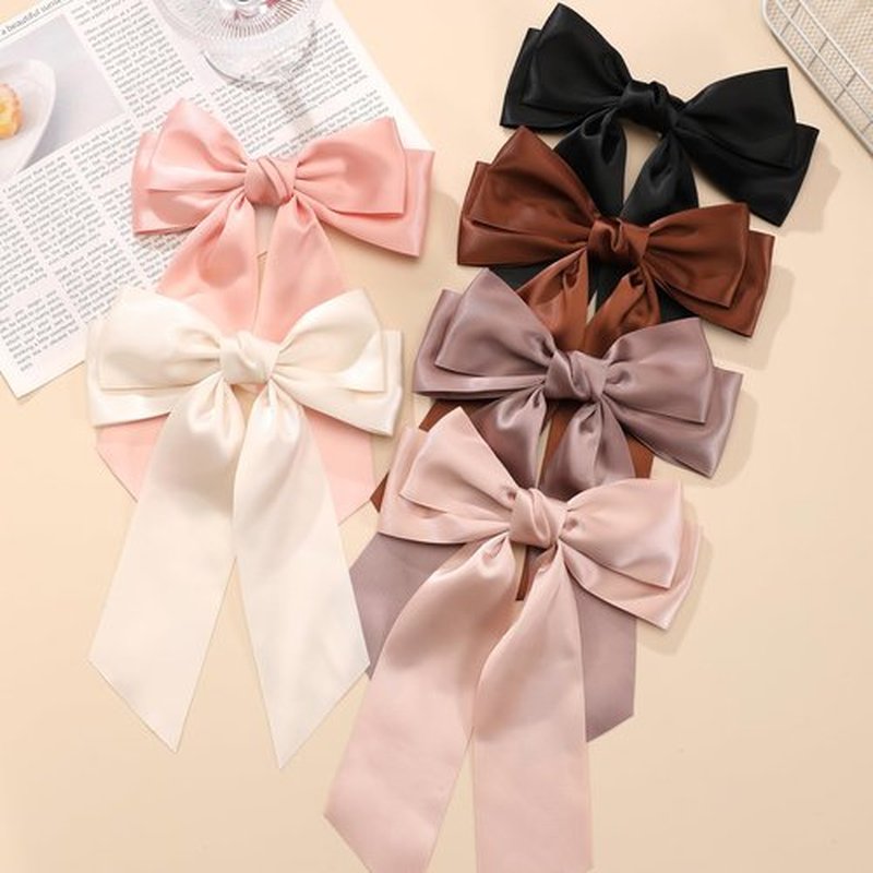 6PCS Silky Satin Bows, Cute Clips for Women, Large Bow Clips for Thick Thin Hair, Ribbon Bows, Brown Accessories