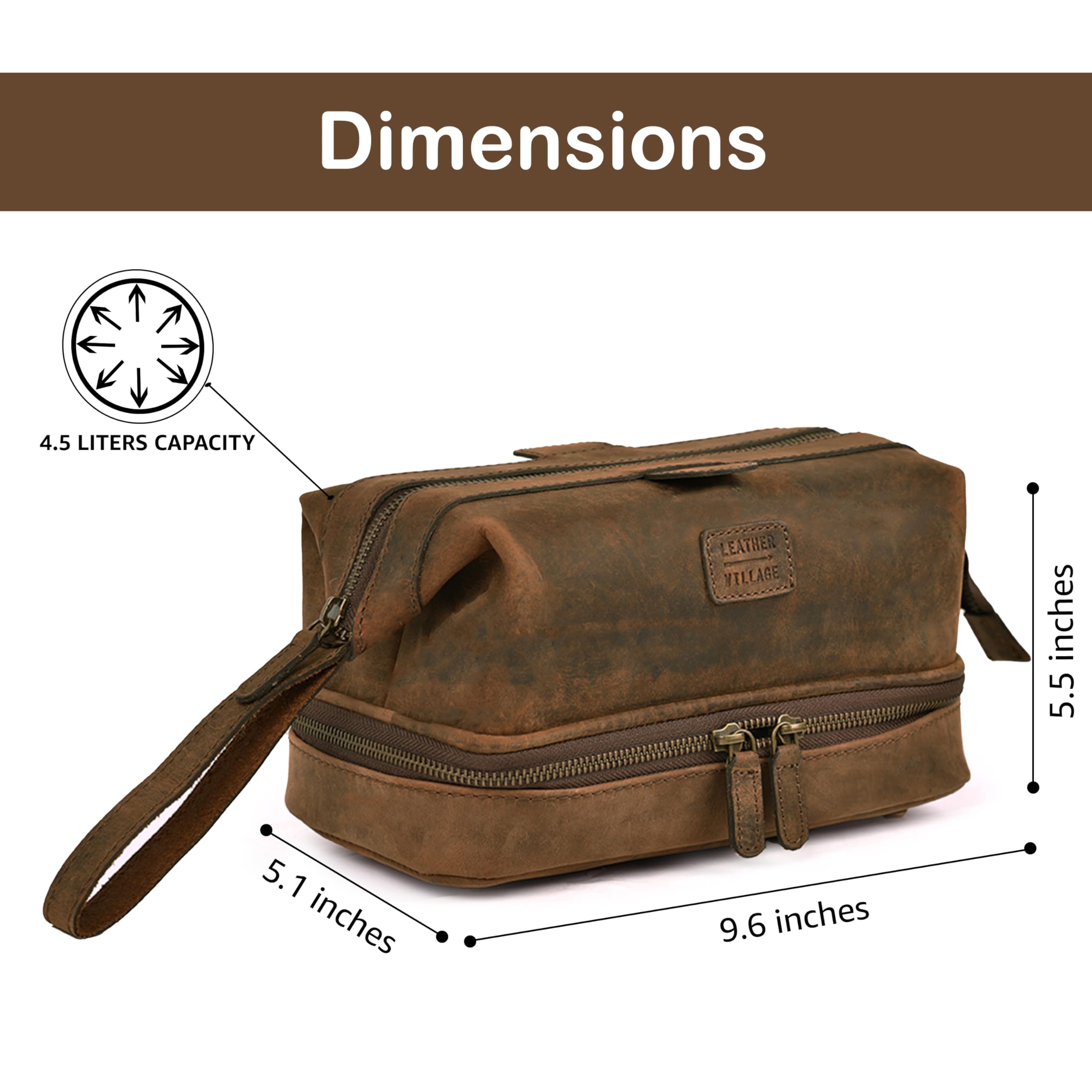 LEATHER VILLAGE Genuine Leather Dopp Kit – Large Travel Toiletry Bag with Waterproof Lining, Dual-Zip Design for Men & Women, Organizer for Shaving, Makeup & Essentials - Brown