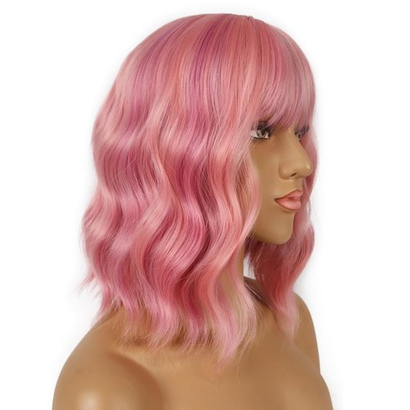 LANCAINI Short Bob Wigs with Bangs for Women Loose Wavy Wig Curly Wavy Shoulder Length Bob Synthetic Cosplay Wig for Girl Colorful Costume Wigs (Lovely Pink)
