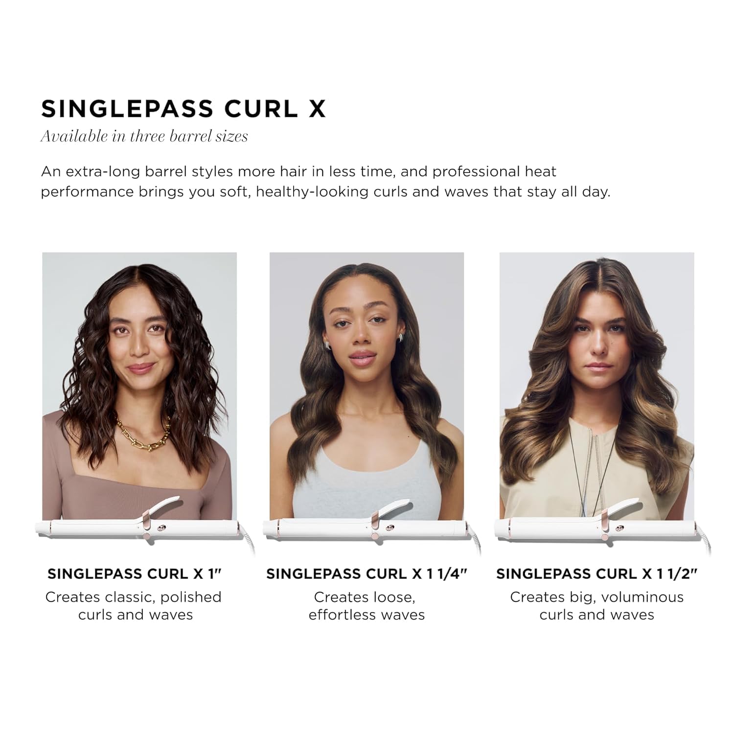 T3 SinglePass Curl X Extra-Long Barrel 1", 1.25", 1.5" Curling Iron with 9 Heat Settings and Ceramic Barrel for Fast Styling and Lasting Results on All Hair Types
