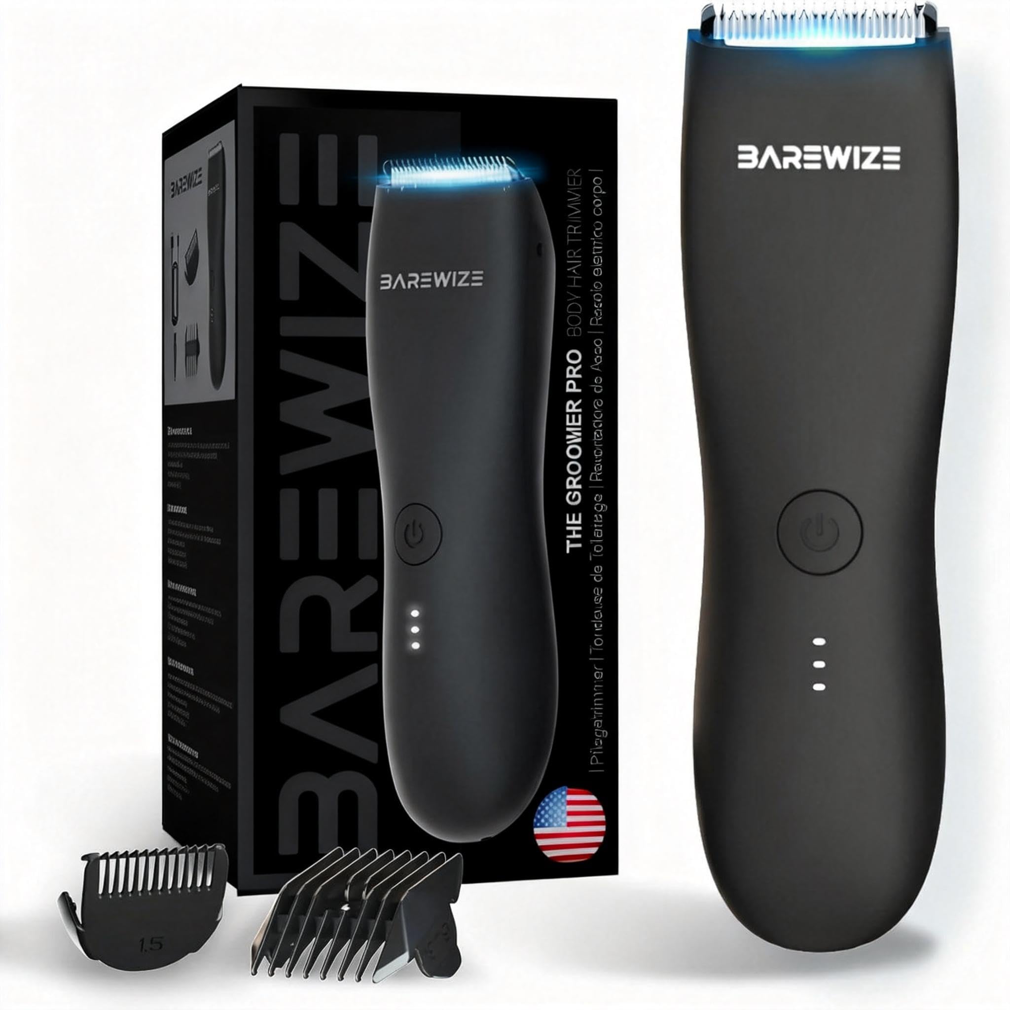 BAREWIZE Body Hair & Pubic Hair Trimmer for Men | Waterproof, USB-C Rechargeable, LED Light, Replaceable Ceramic Blade, Electric Ball Shavers, Manscape Kit, Mens Personal Groomer (Noir)