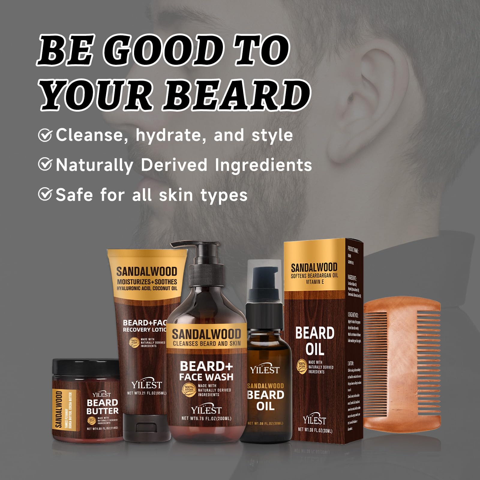 Sandalwood Beard Care Set – The Perfect Father's Day Gift | Nourish Follicles for Elastic Growth, Deeply Condition with Butter & Oil, Soothe Skin with Recovery Lotion & Gentle Wash