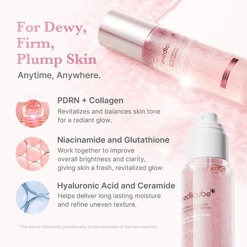 Medicube Jelly Mist Serum - Pink PDRN Collagen Glow Spray with Niacinamide & Hyaluronic Acid | 3.38 fl. oz for Hydration & Radiance