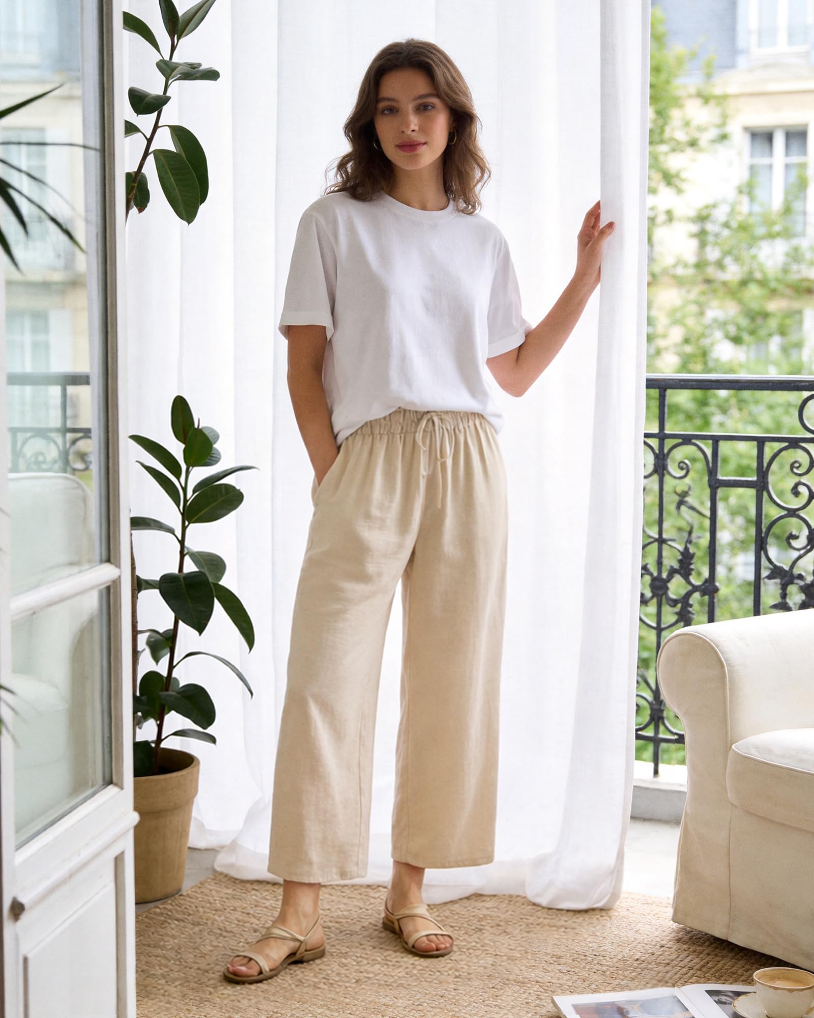 DIGIMAP Womens Cropped Casual Pants Wide Leg Palazzo Pants Elastic Waisted Flowy Trousers with Pockets Beige