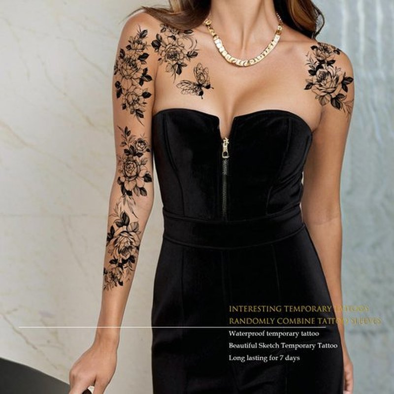 Realistic and long-lasting temporary tattoos,Black Floral Temporary Tattoos for women sleeves Large Rose Designs, 10 Sheets