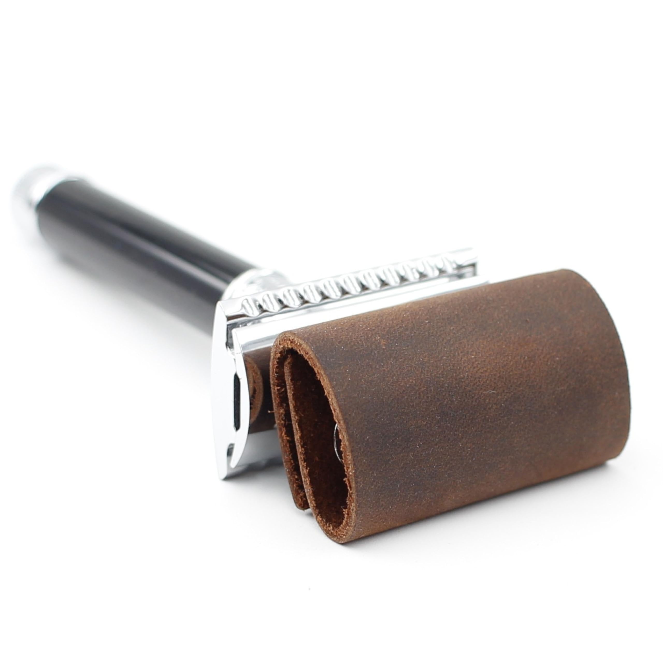 Toprank Leather Safety Razor Case – Genuine Leather Razor Cover for Travel, Fits Most Double Edge Safety Razors, Blade Protector, Snap Closure (Tan, 2-Pack)