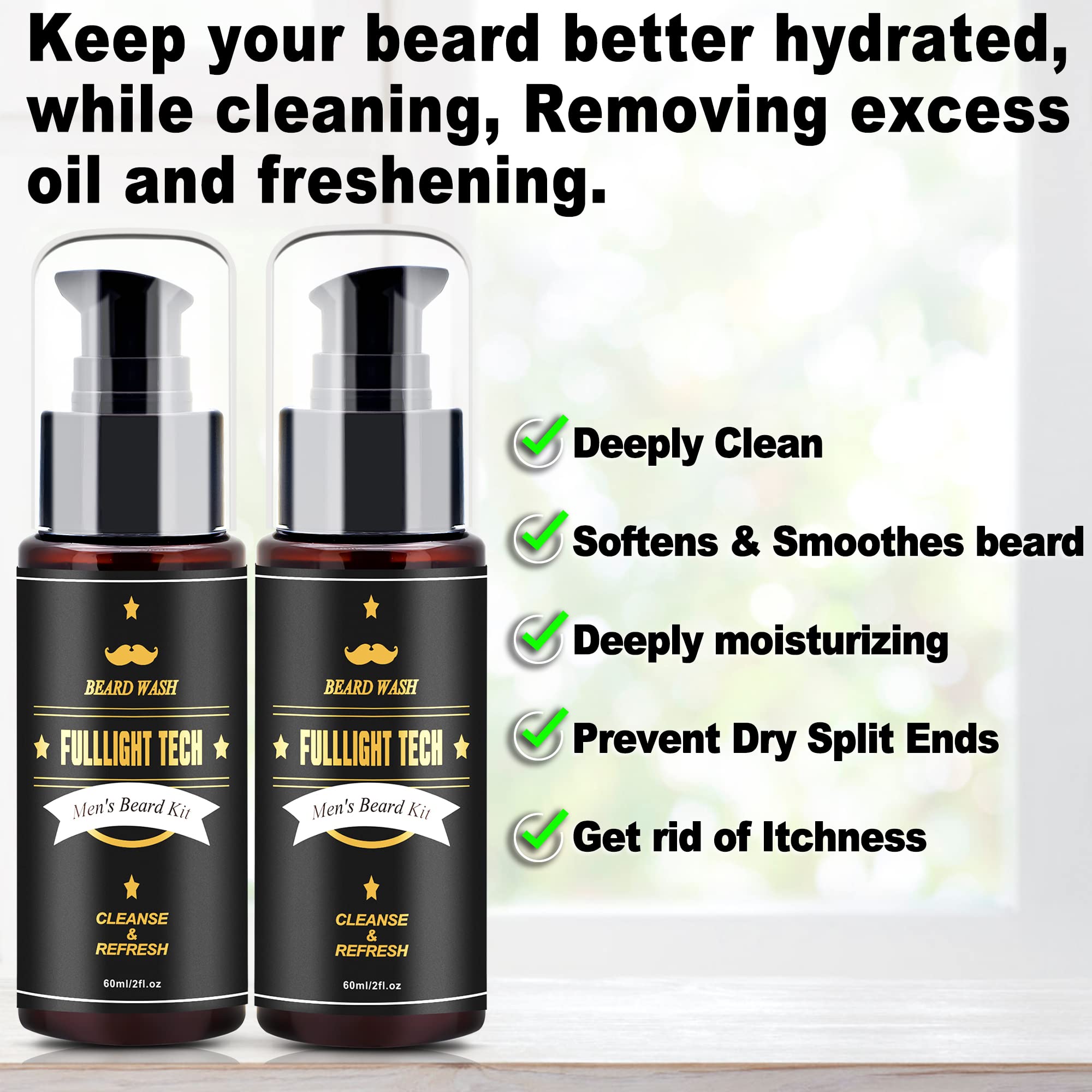 FULLLIGHT TECH Men's 2 Pack Beard Care Kit - Argan Oil & Jojoba Oils Shampoo, Rosemary Extract for Clean, Moisturizing and Nourishing Mustache & Beard Growth