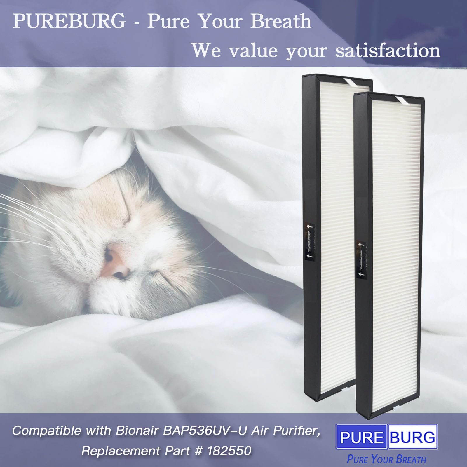 PUREBURG 182550 Replacement Filter Compatible with Bionair BAP536UV-U Air Purifier, 2-Pack H13 HEPA Activated Carbon Pre-Filters For Air Clean Dust VOCs Odor