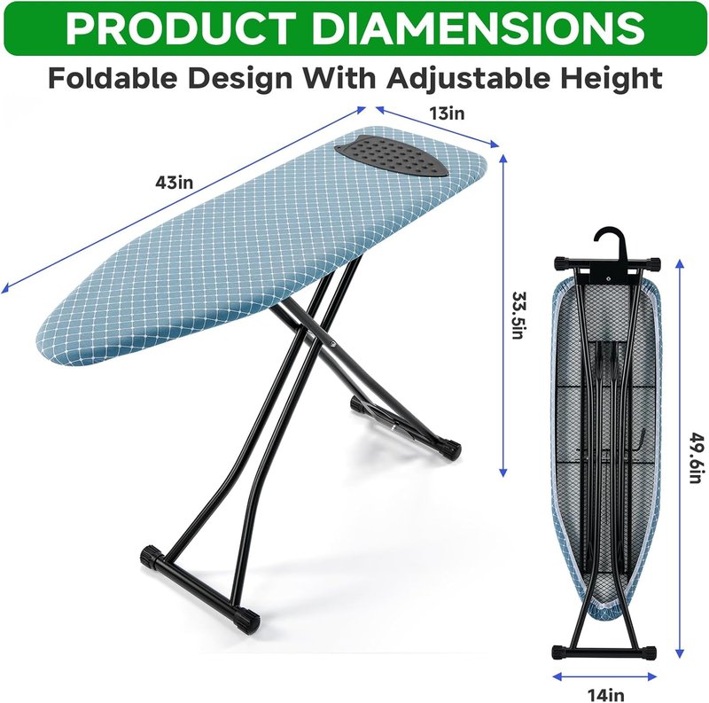 BKTD Compact Ironing Board - Adjustable Height, Heat Resistant Surface | Space-Saving 13" x 43" in Diagonal Checkered Blue