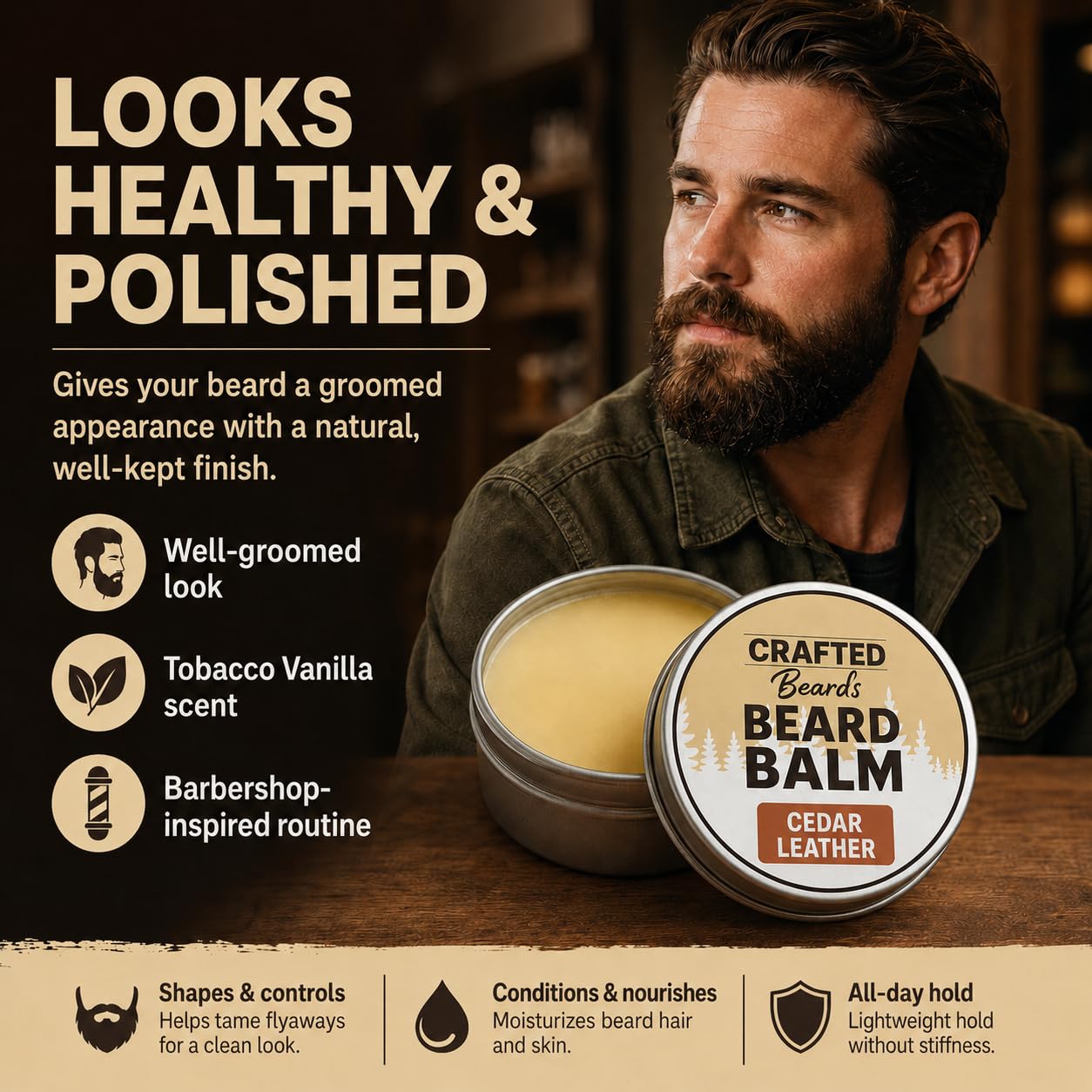 Beard Balm - Cedar Leather Scent - 2oz Tin - Beard Wax - Light Hold - (CL)