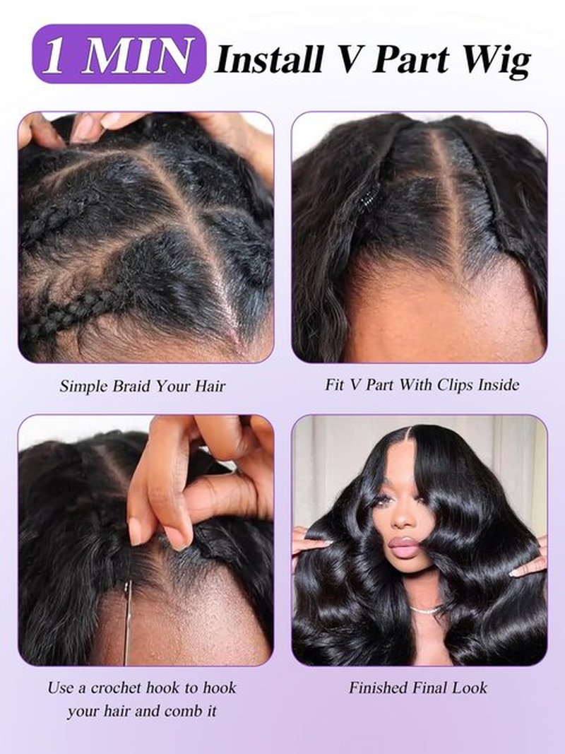 Tahikie V Part Wig Human Hair Body Wave 200% Density Upgrade U Part Wigs With Drawstring No Sew in No Glue Half Wigs Human Hair V Shape Clip In Half Wig For Women Natural Color 18 Inch