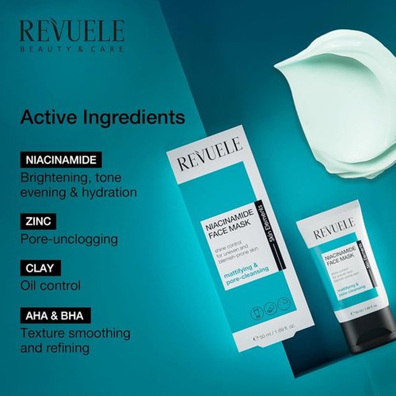 Revuele Niacinamide Face Mask - Pore Minimizing Clay Formula with Zinc & Vitamin B3 | Vegan Skincare for Blemish-Prone Skin, 1.69 fl. oz.