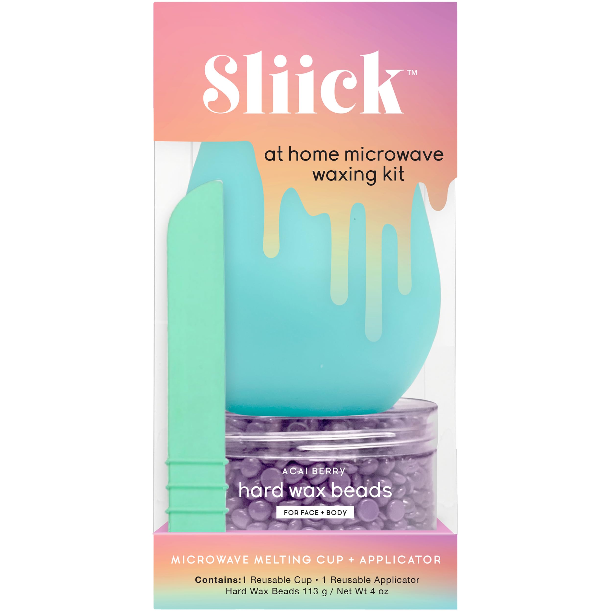 Sliick At Home Waxing Kit for Women – Acai Berry Scent, Hard Wax Kit for Hair Removal, Microwave Melting Cup, Applicator & Beads, At Home Wax Set