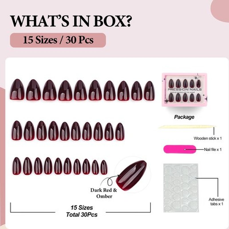 Fomkrio Dark Red Spicy Short Press On Nails Almond Acrylic Solid Y2K Fake Nails for Women Girls Holiday and Daily Minimalism, 15 Sizes - 30Pcs Manicure Nail Kit