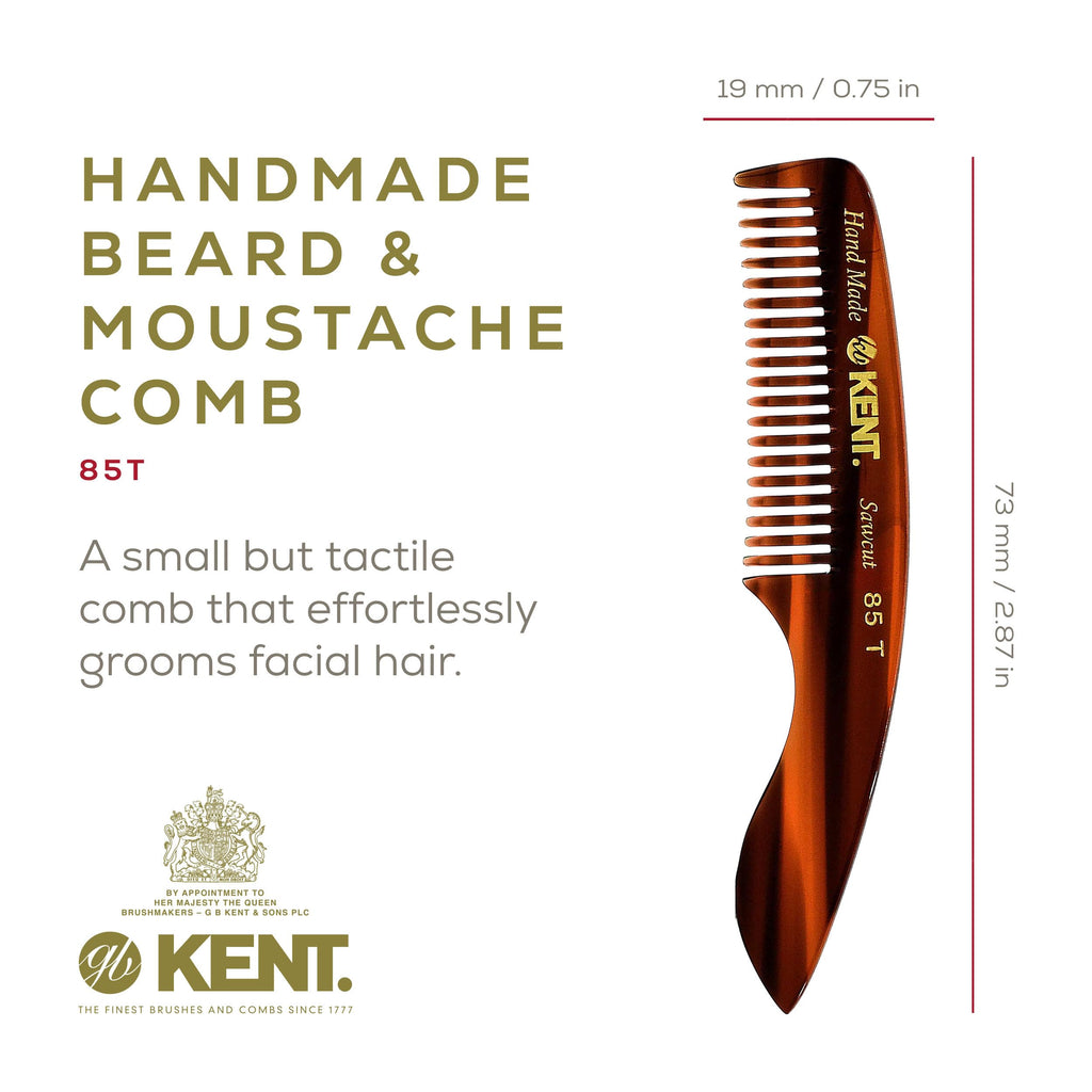 Kent 85T Small Wide Tooth Beard and Mustache Pocket Comb, Coarse Toothed Travel Size for Facial Hair Grooming and Beard Care. Saw-cut of Quality Cellulose Acetate, Hand Polished. Hand-Made in England