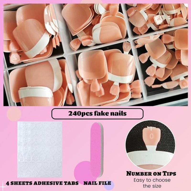 AddFavor Press on Toenails, 240pcs French Tip Toe Nail Press ons Short Square Fake Toe Nails 15 Sizes Pink Acrylic Toe Nail Tips for Women