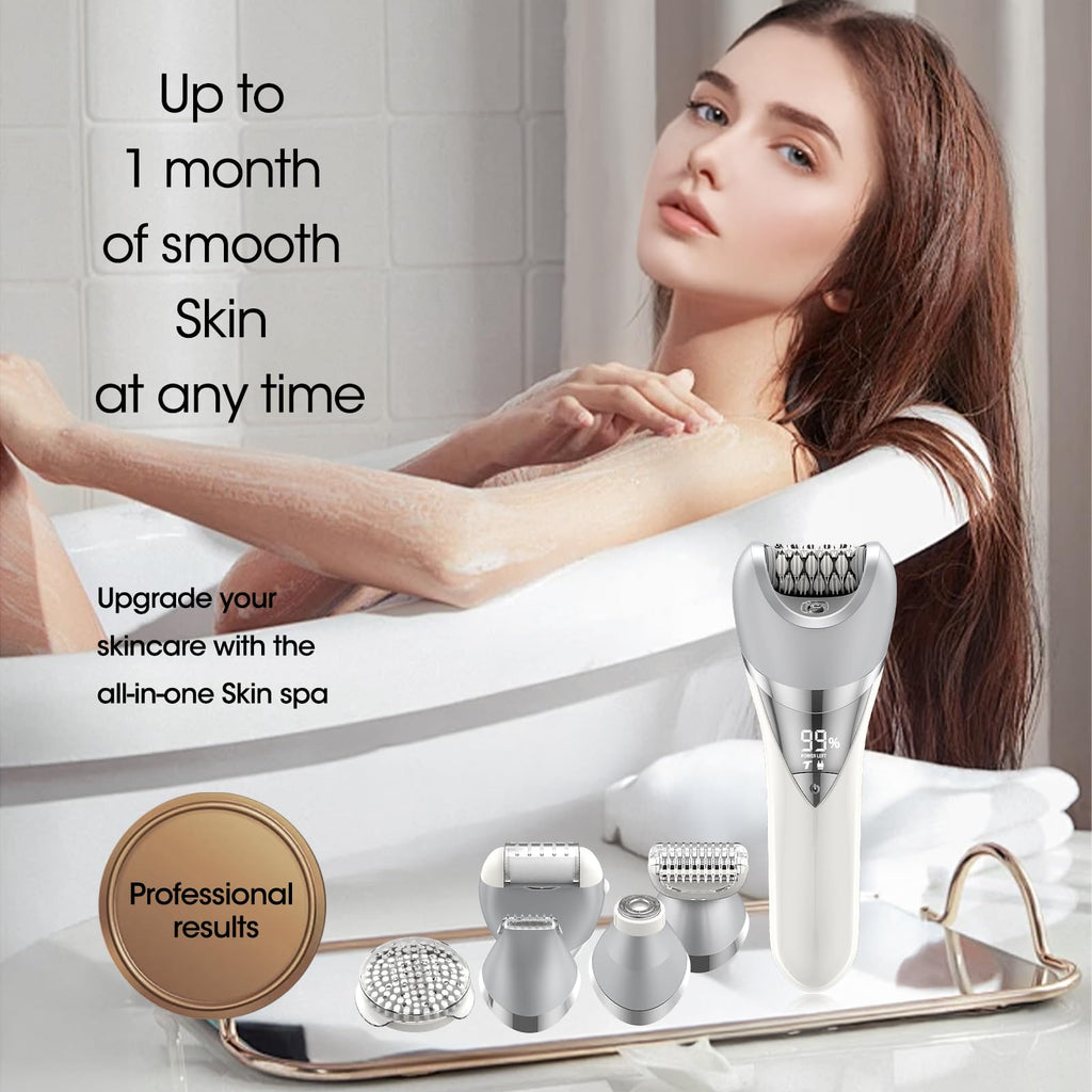 Qreeyx Epilator for Women, 7 in 1 Epilator Hair Removal for Women, Shaver, Bikini, Face Razor, Facial Brush, Face Massage and Body Exfoliator, IPX6 Waterproof Painless Lady Shaver Wet & Dry (White)