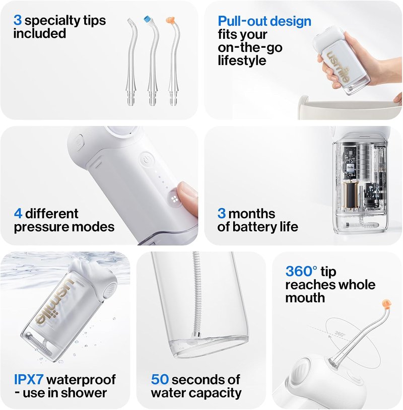 Usmile C10 Portable Water Flosser - Travel-Friendly Design, 95-Day Battery Life, 4 Modes, 180ml Tank | IPX7 Waterproof, Ideal for Braces & Sensitive Gums (White)