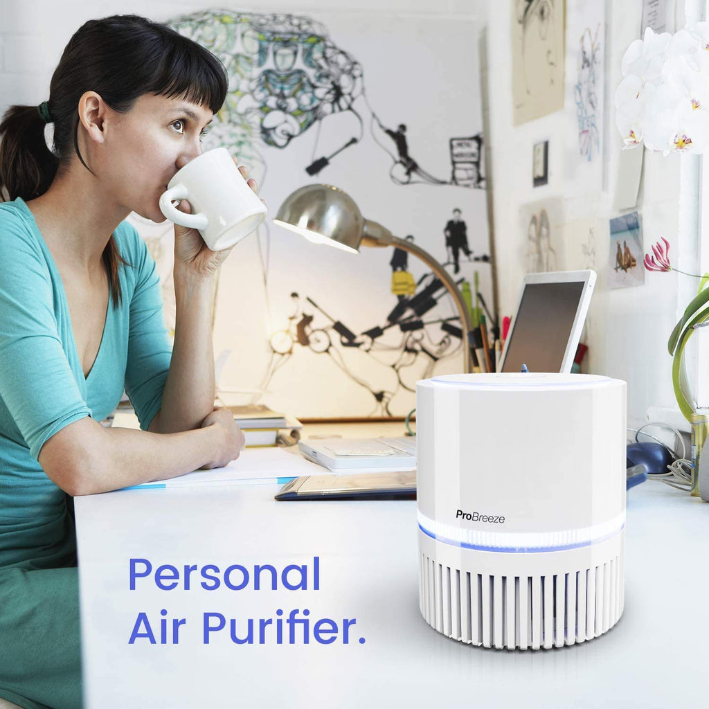 Pro Breeze 3-in-1 Mini Air Purifier with True HEPA Filter and Ioniser, Personal Desktop Air Cleaner with Night Light for Home, Office, Smoke, Dust, Pollen and Pet Dander
