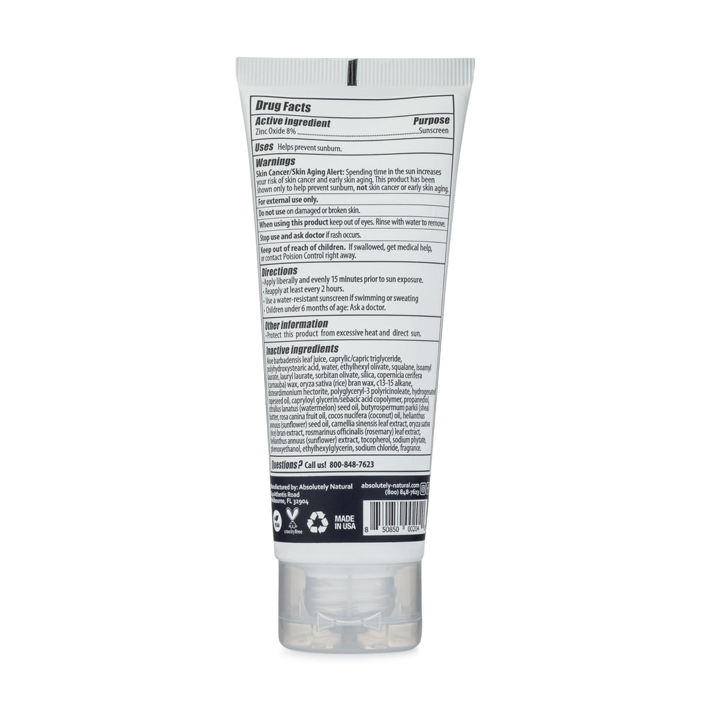 Absolutely Natural - SPF 8 Mineral Sunscreen - Water Resistant Moisturzing Lotion for Body & Face - Non-Nano Zinc Oxide, Vitamin E - 3 Oz