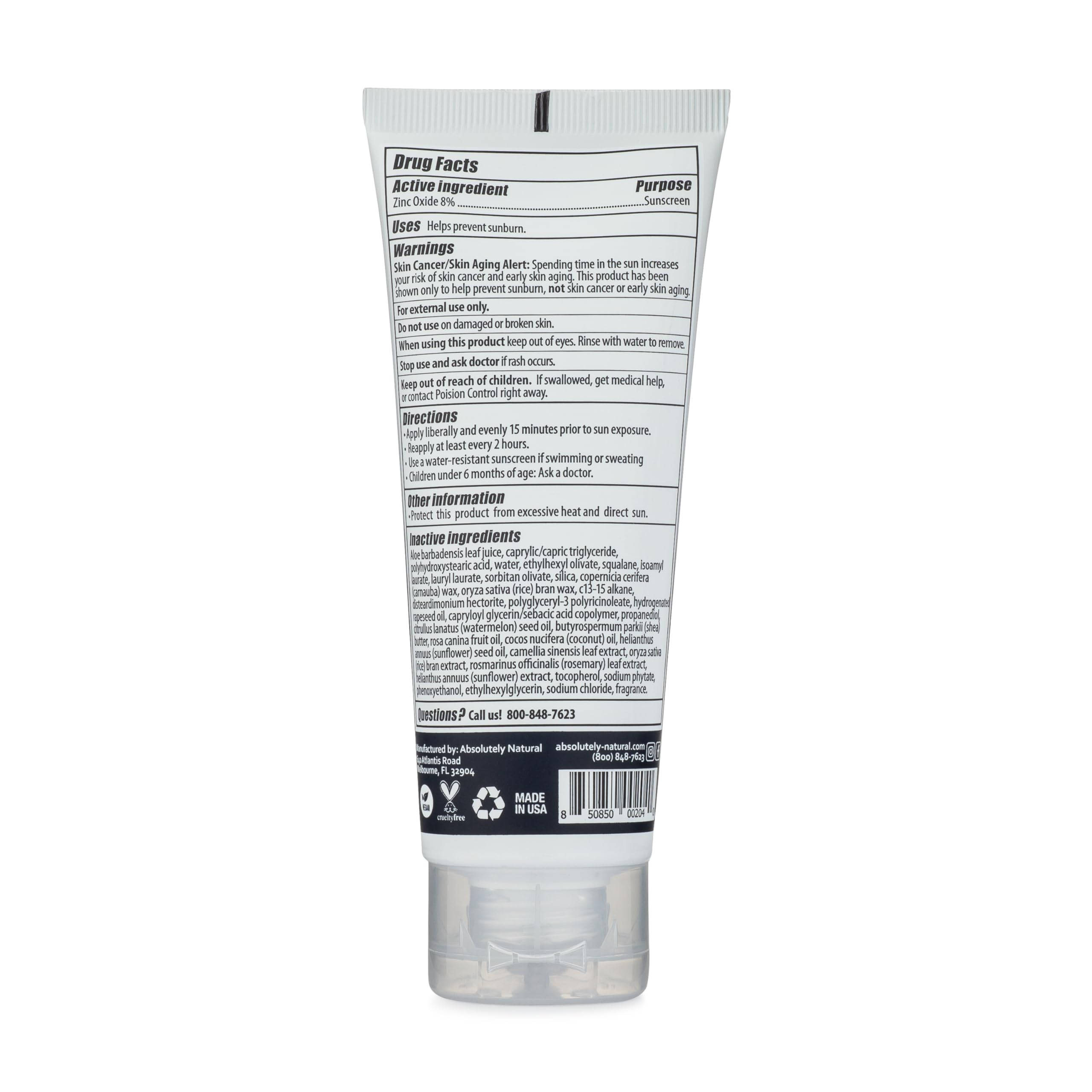 Absolutely Natural - SPF 8 Mineral Sunscreen - Water Resistant Moisturzing Lotion for Body & Face - Non-Nano Zinc Oxide, Vitamin E - 3 Oz