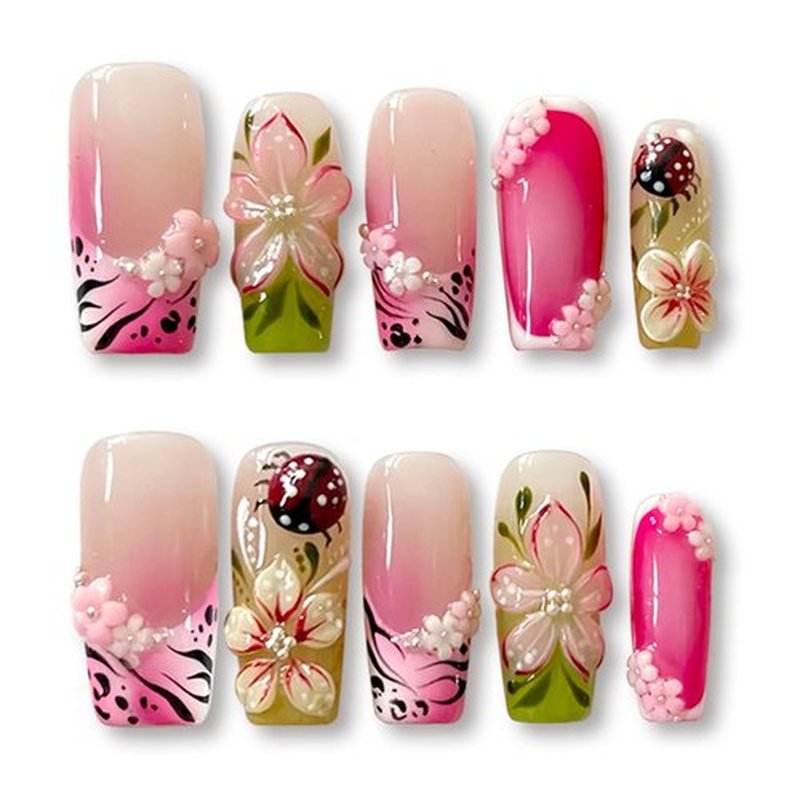 Long Press on Nails Square Fake Nails with 3D Flower Silver Pearl Stripe Designs French Tip Nails Press ons Glossy Glue on Nail Pink Green White Spring Stick on Nail for Women 24Pcs