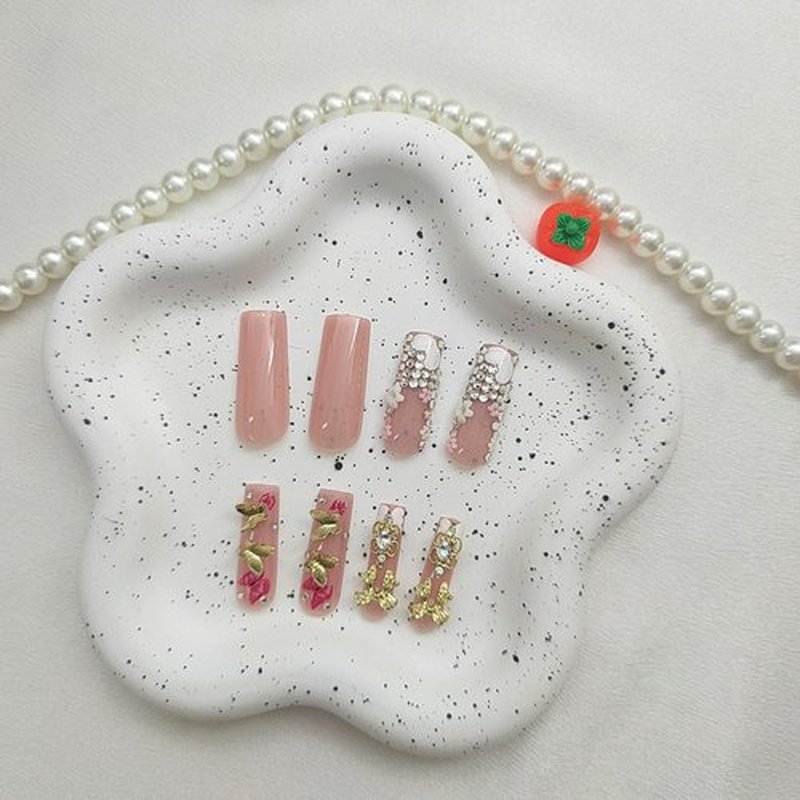 Handmade Press on Nails Long Fake Nails with 3D Flower Bow Rhinestones Butterfly Charms Designs Cute Nails Press ons Glossy Glue on Nails Nude Acrylic Nails Artificial Stick on Nails for Women 24Pcs