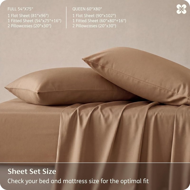 Bedsure Queen Sheet Set - Cooling Rayon from Bamboo | Breathable, Soft & Silky Bedding - Khaki, Deep Pocket Up to 16 Inches