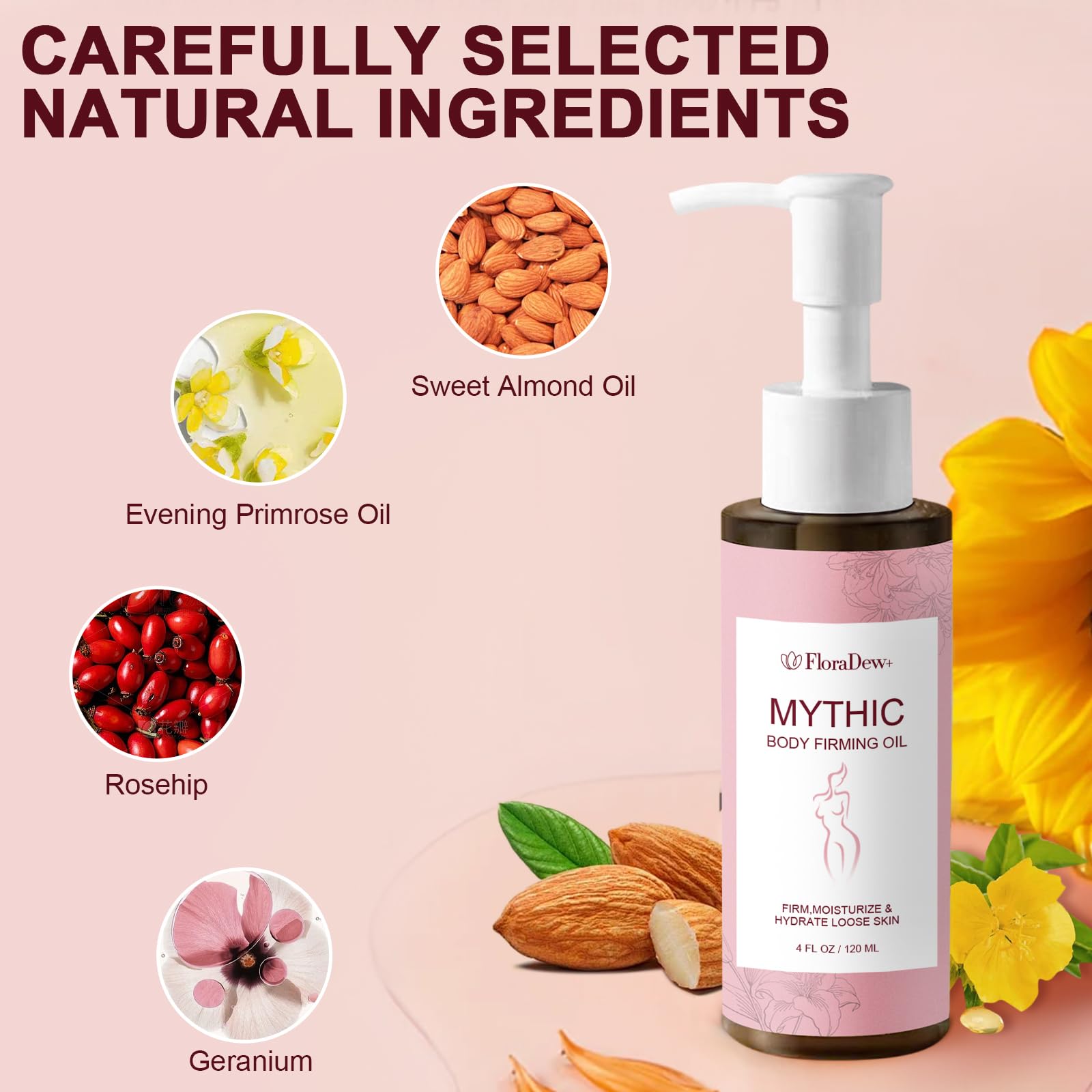 FloraDew+ Mythic Body Firming Oil Skin Tightening Body Oil After Shower for Women Tighten, Hydrate & Nourish Dry Skin 4 FL OZ