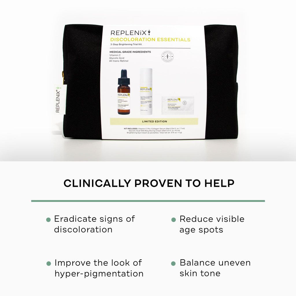 Replenix Discoloration Essentials 3 Step Brightening Medical-Grade Trial Kit (Set Includes Travel-Size Glycolic Acid Resurfacing Cream, Vitamin C Pro Collagen Serum, Brightening Eye Cream)