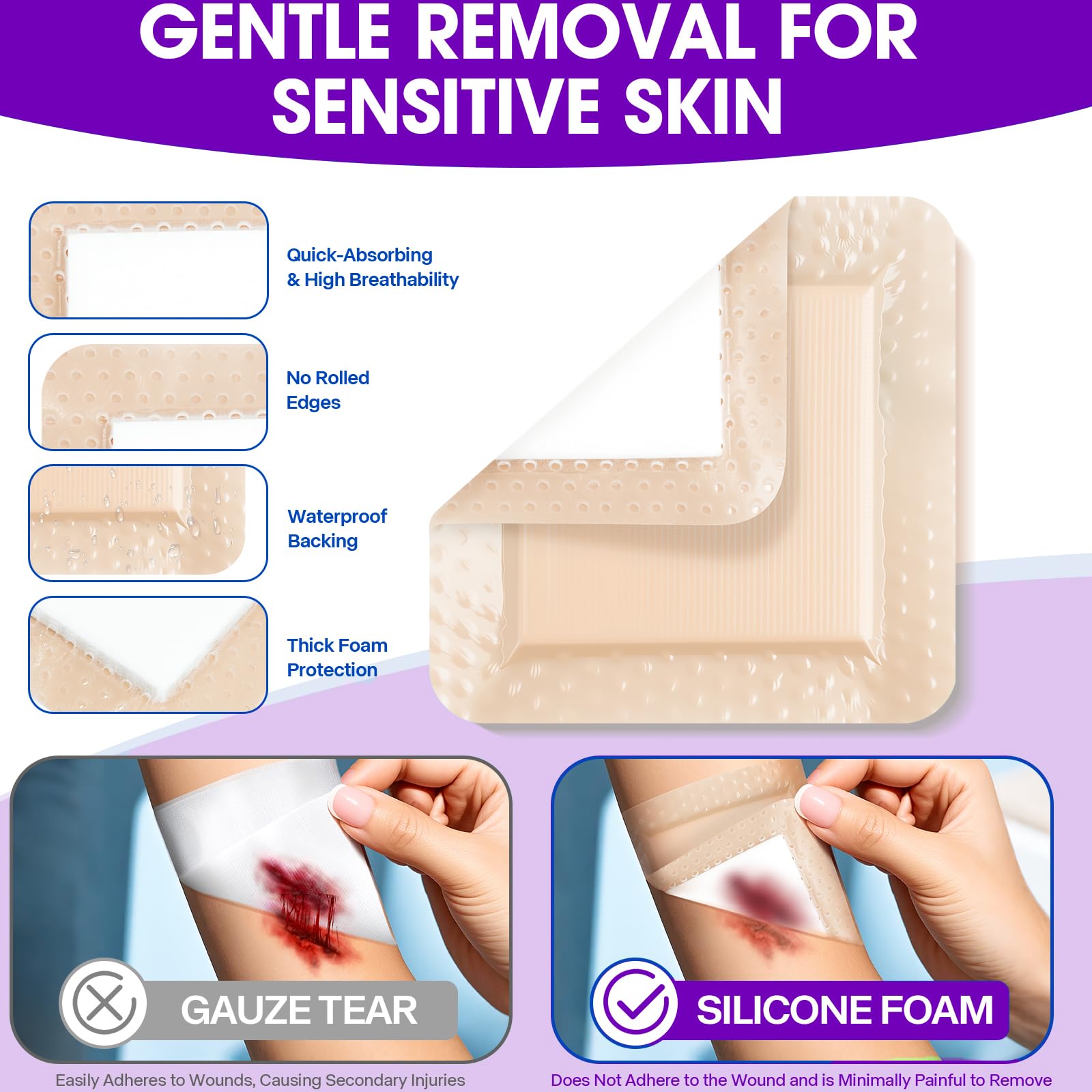 LXIANGN Silicone Foam Dressing 4"x4",Bed Sore Bandages Dressing
