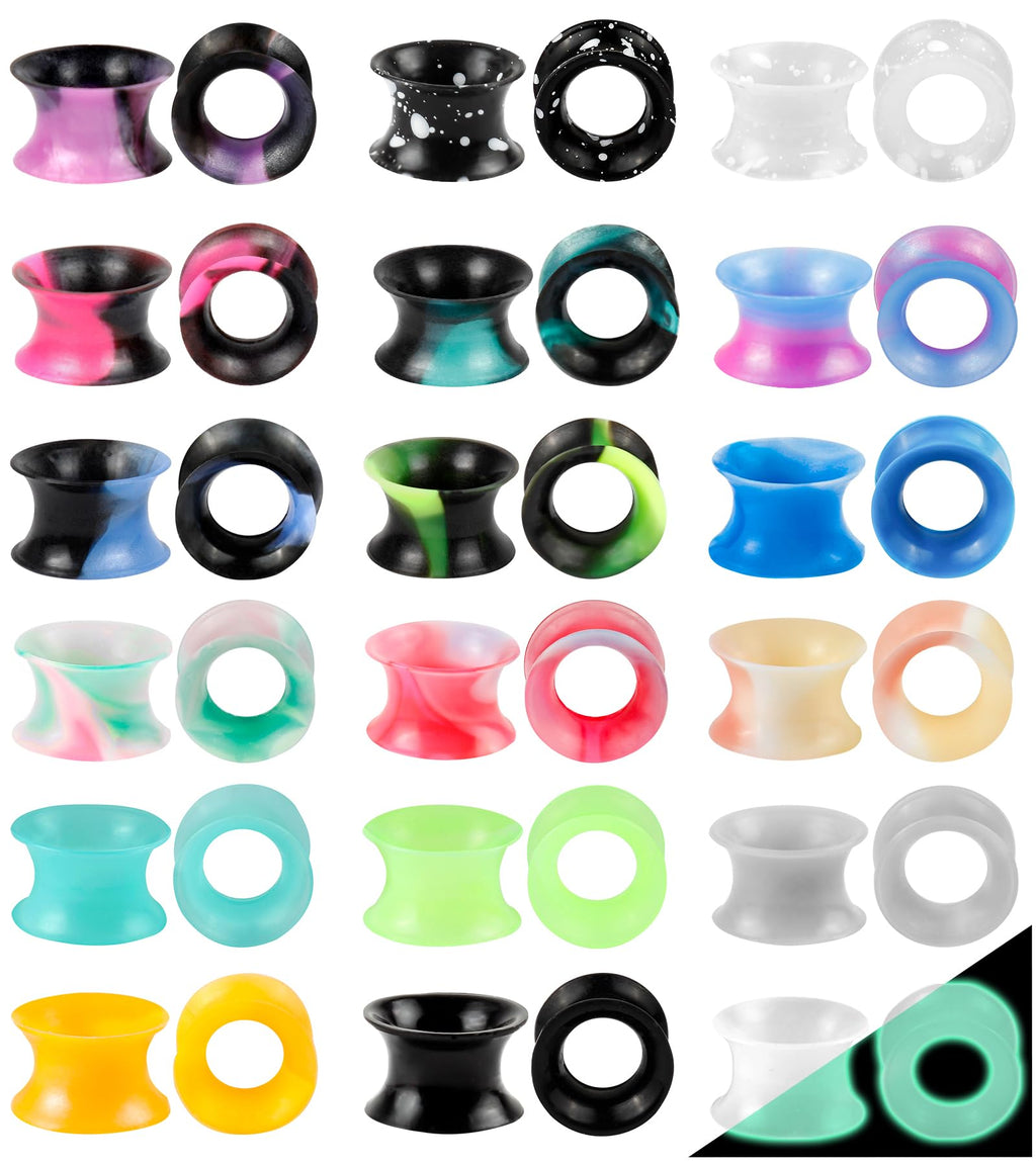 WINSENET 20 Pairs Silicone Ear Gauges Flexible 00G Ear Tunnels Gauges Soft Expander Ear Plugs Double Flared Ear Pierings for Men Women 10mm