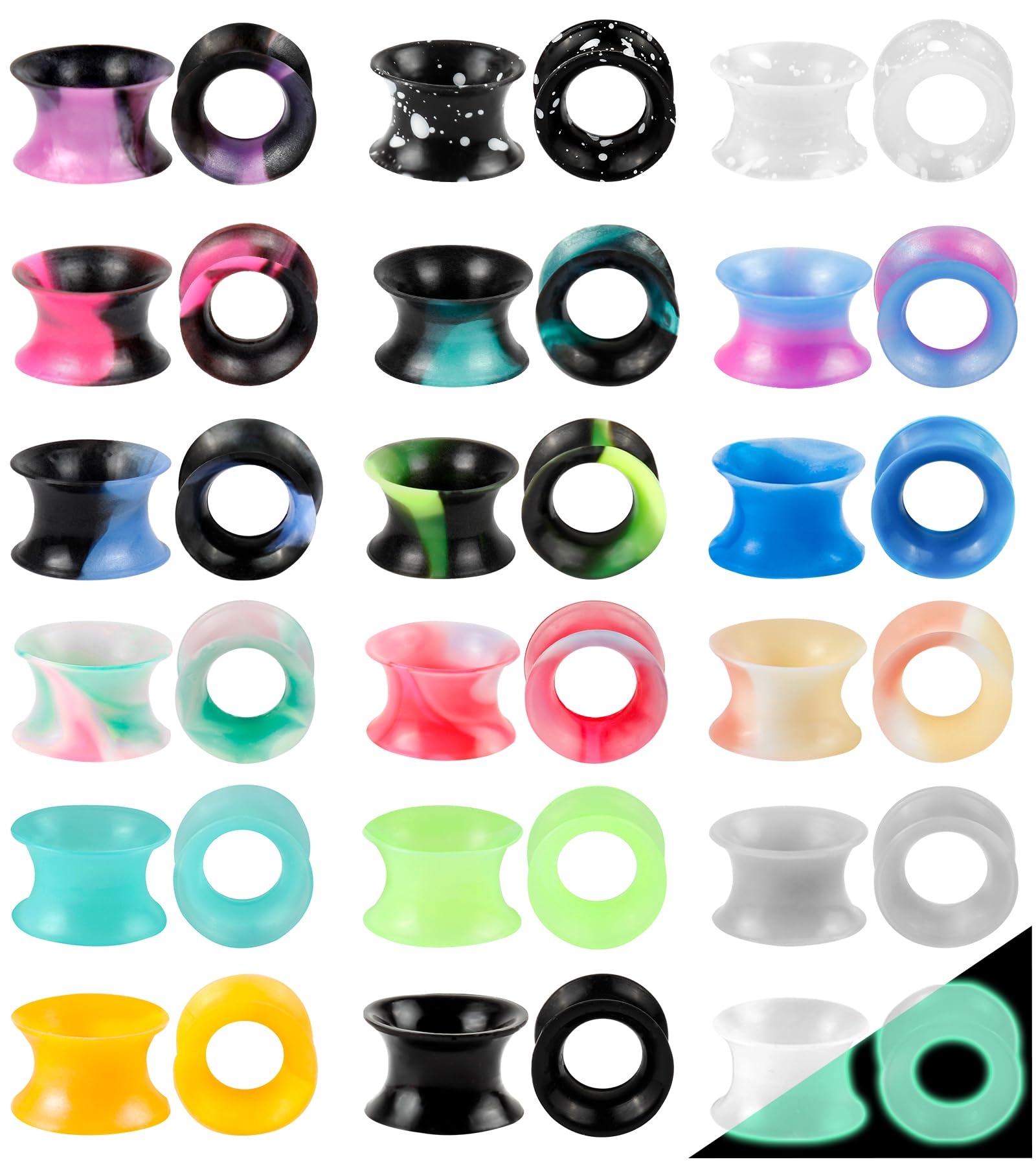 WINSENET 20 Pairs Silicone Ear Gauges Flexible 00G Ear Tunnels Gauges Soft Expander Ear Plugs Double Flared Ear Pierings for Men Women 10mm